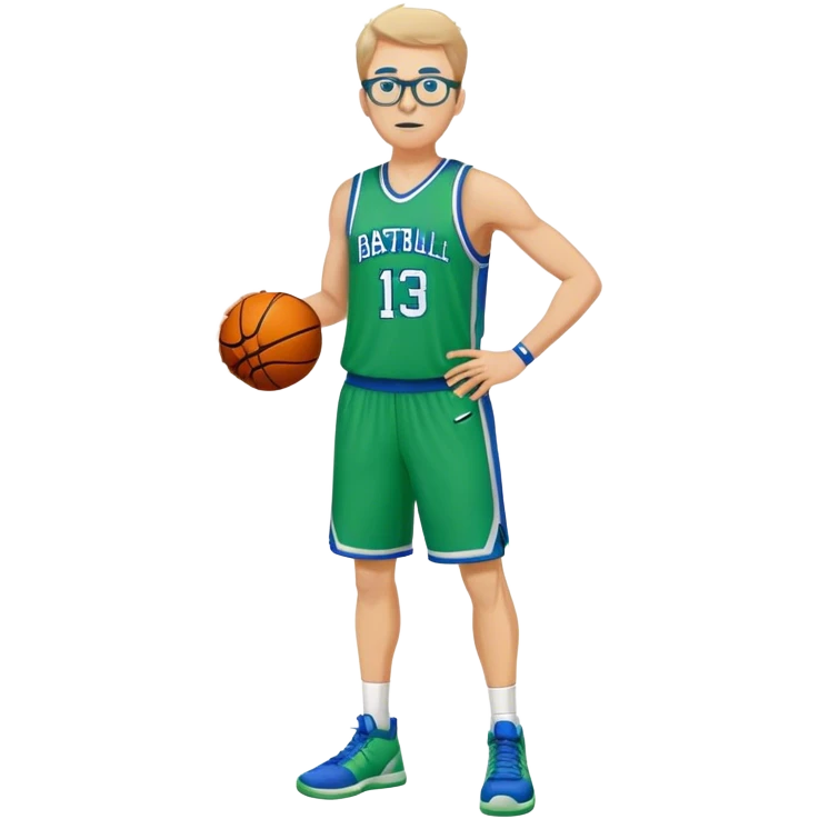 full body heavy tall white male basketball wearing glasses in blue an green uniform emoji