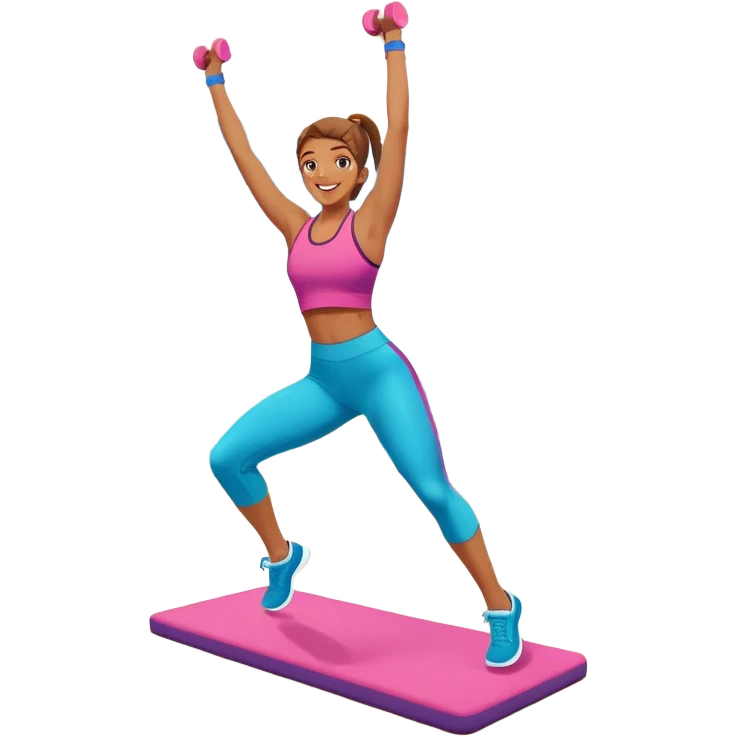 An energetic person performing an aerobics workout in a brightly lit gym, jumping and stretching with enthusiasm. The scene includes vibrant fitness equipment like dumbbells and exercise mats, with a background of cheerful, motivating colors, conveying energy and movement. emoji