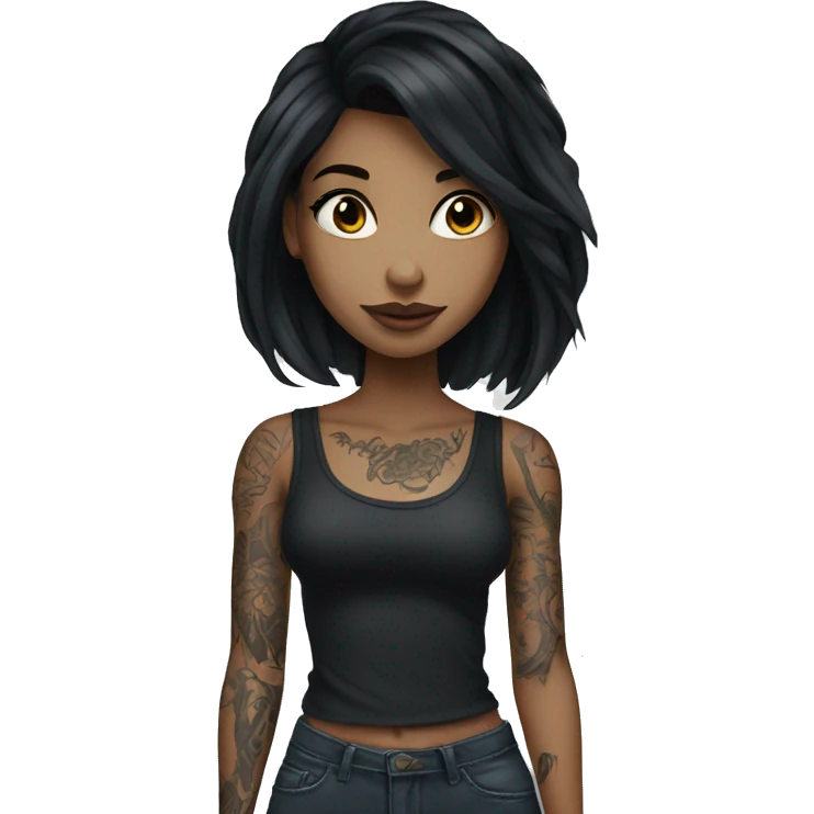 Beautiful girl with white skin, long black hair and tattoos emoji