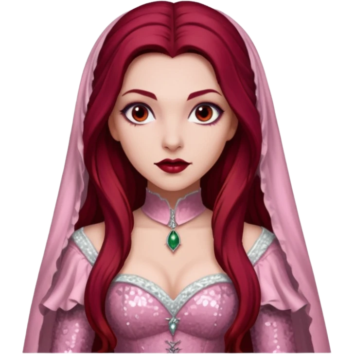 Aleera, Bride of Dracula from Van Helsing with long dark red hair, light pink sequin outfit emoji