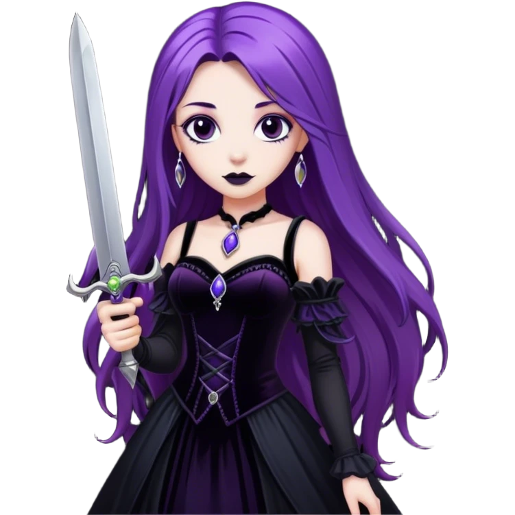 A gothic princess with long purple hair, in a black velvet dress, holding a silver dagger. emoji