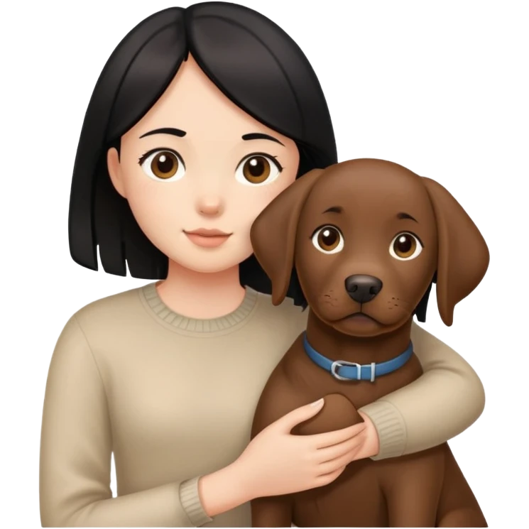 A black-haired girl holding a brown Labrador emoji