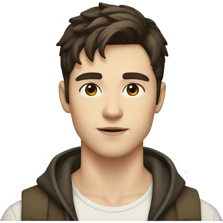 a handsome young man with short dark brown hair, pale skin and a scar between his eyebrows emoji