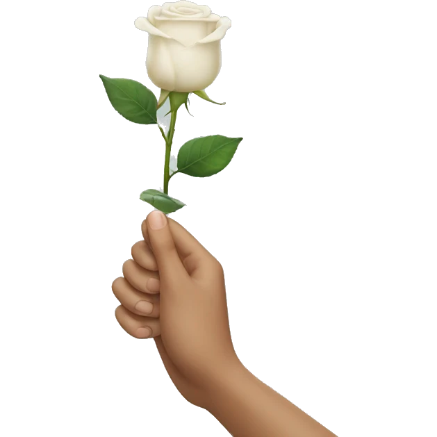 a hand coming out from the bottom of the screen, showing the back of his hand, which is holding a white rose from the stem emoji