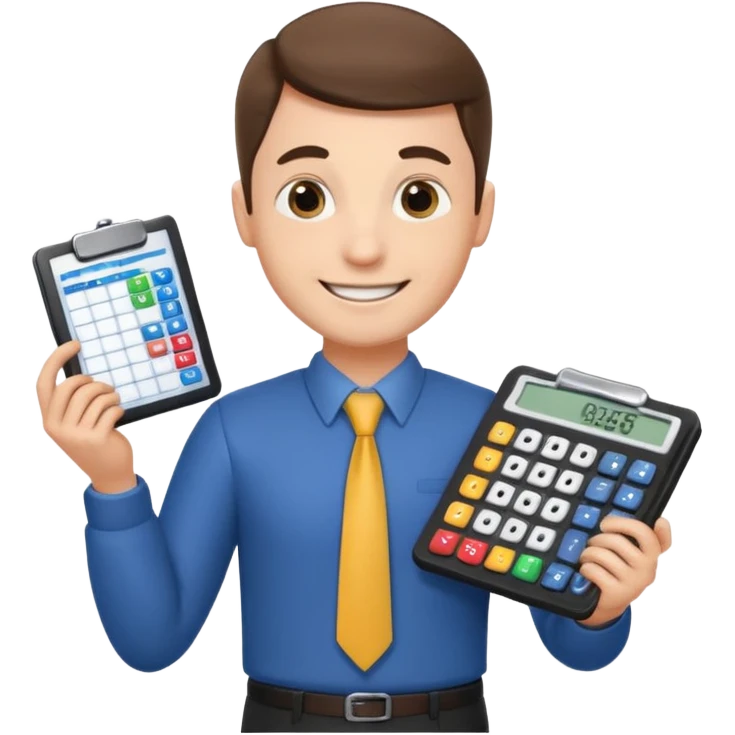 emoji, of a male AUDITOR smiling with Finance spreadsheet , a calculator,plus ADD A puzzle and a Balance for accounting. emoji