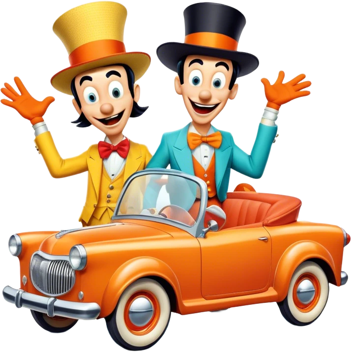 A vintage movie poster-style design with two goofy characters in outrageous outfits, showing exaggerated, silly expressions. Include elements like a goofy car, ridiculous props, and comical facial expressions. Retro comedic style with vibrant colors. Transparent background. emoji