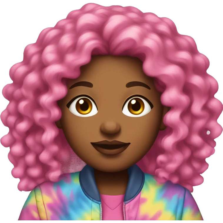 Pretty Plus size black woman with pink curly hair and a tie dye jacket  emoji