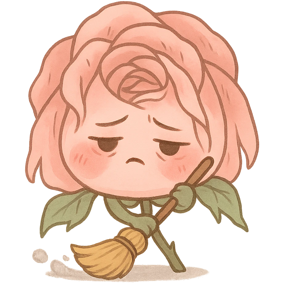 soft pink rose flower with puffed cheeks, sweeping the floor, exhausted eyes, drooping petals, pastel tones, chibi round shape emoji