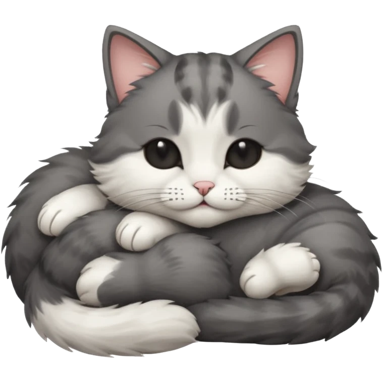 dark grey and white small cat with his eyes closed lying down leaning on its elbow with its paw curled under its head holding it up emoji