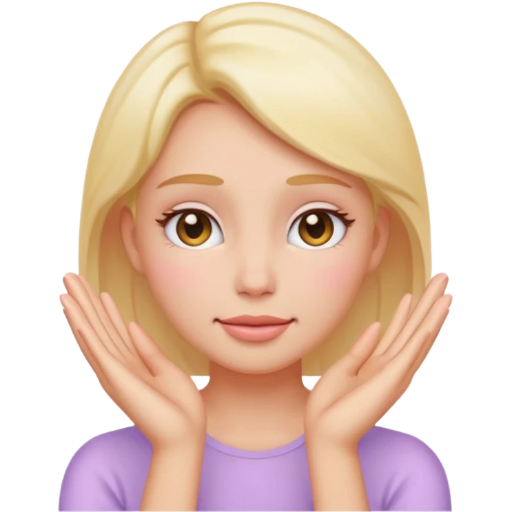 Emoji of glowing female face with hands on cheeks, skincare, pastel, flat, minimal emoji