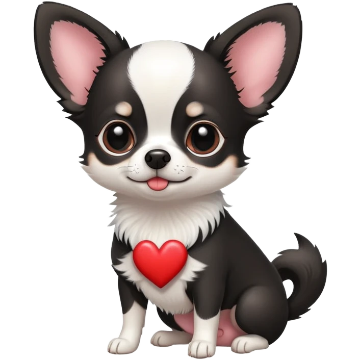 Black and white chihuhua with a heart emoji