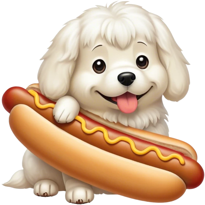 Giant fluffy white dog turned into a hot dog emoji