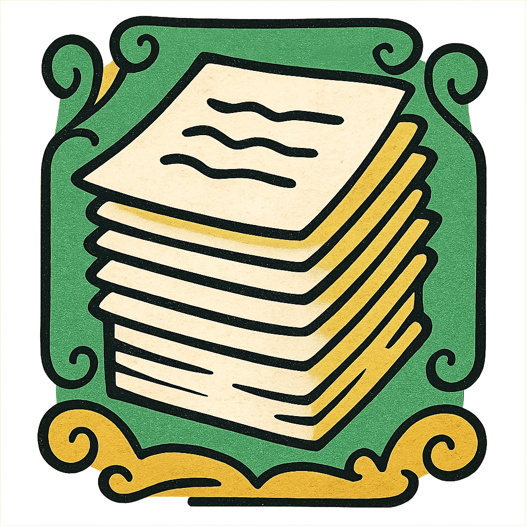 stack of papers or paperwork, classic look, green gold and white color scheme, elegant lines, decorative details emoji