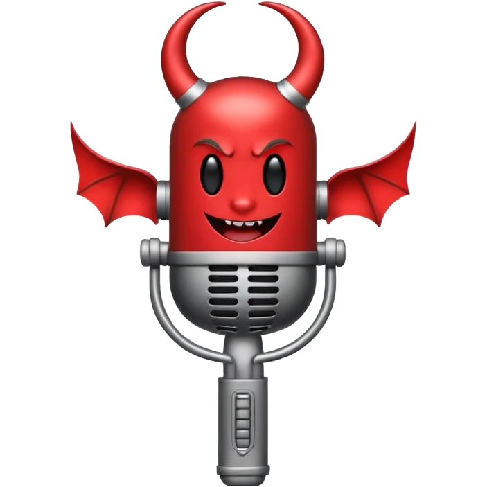 Minimalist emoji-style sticker of a classic retro microphone with small devil horns and a subtle tail wrapping the base. Grayscale with slight red accents.
 emoji