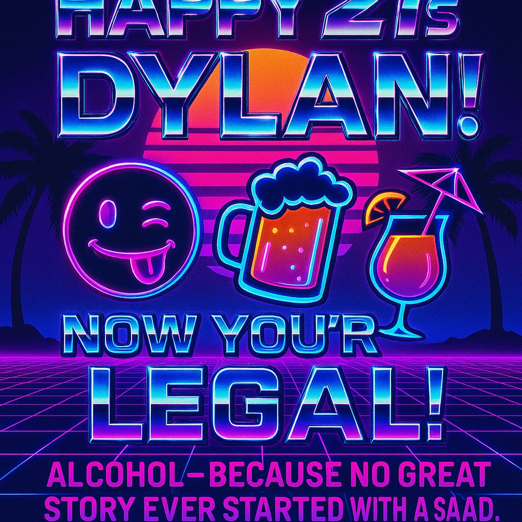 Completely change the style to vaporwave: neon colors, retro 80s grid, palm trees, synthwave sunset, chrome text, and keep the funny drink quote. Make it look digital and bold. emoji