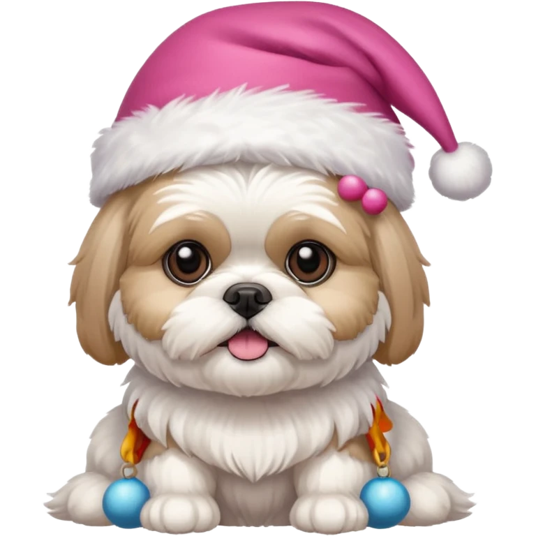 one little white all over shih tzu dog with pink santa hat  emoji