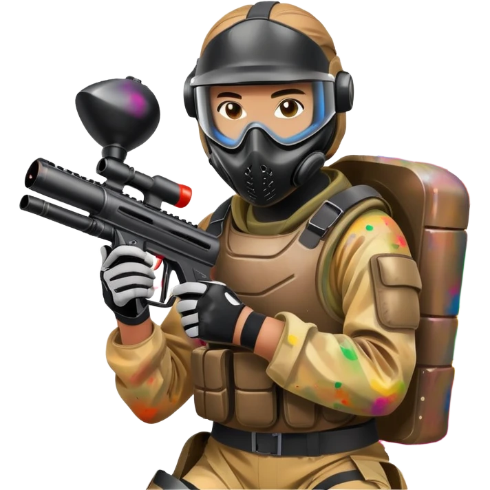 A dynamic scene of a player in action, holding a paintball gun and wearing protective gear. The background shows a vibrant paintball field with obstacles, colorful splatters of paint in the air, and an intense, competitive atmosphere. emoji