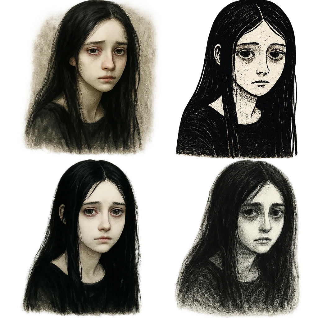 pale girl with long black hair, looking sad, emotional, portrait, variety of artistic styles emoji