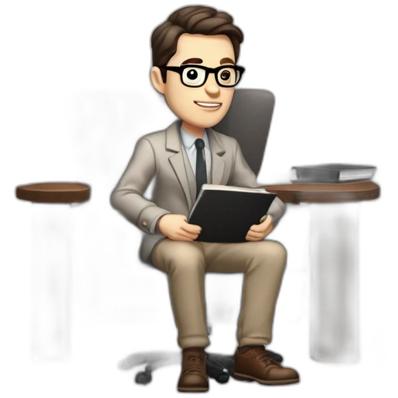 Pale skinned Fit Man With dark brown hair in gray jacket, beige office shirt, Brown pants and vintage glasses sitting In a soft chair with a notebook with emblem Ψ and a pen in his hands emoji