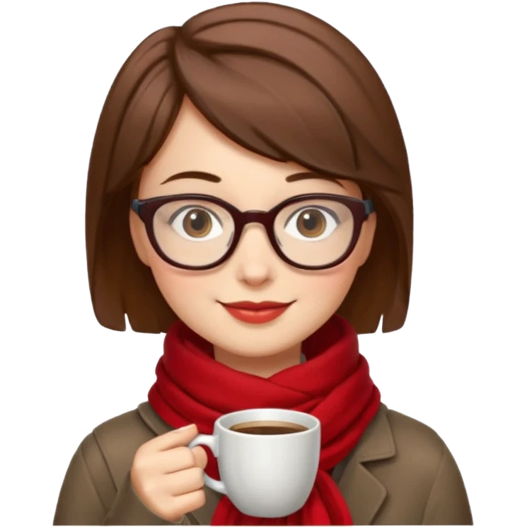 a girl with brown short hair, having red scarf, wearing glasses, drink coffee, enjoy emoji