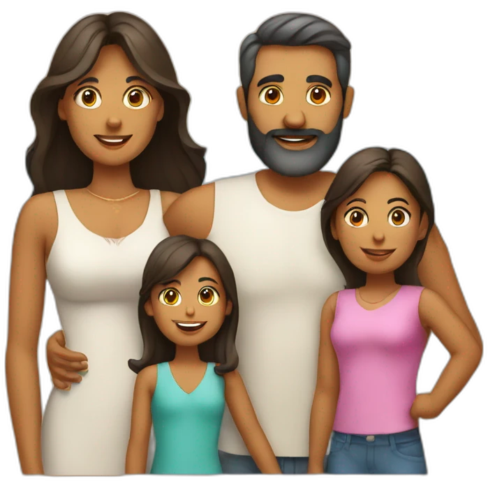 Indian family of 4 people, dad with beard, mom and 2 daughters on a beach emoji