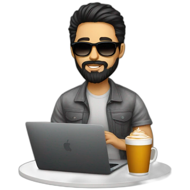 Designer with black hair, beard and round sunglasses working with MacBook and drinking cappuccino  emoji