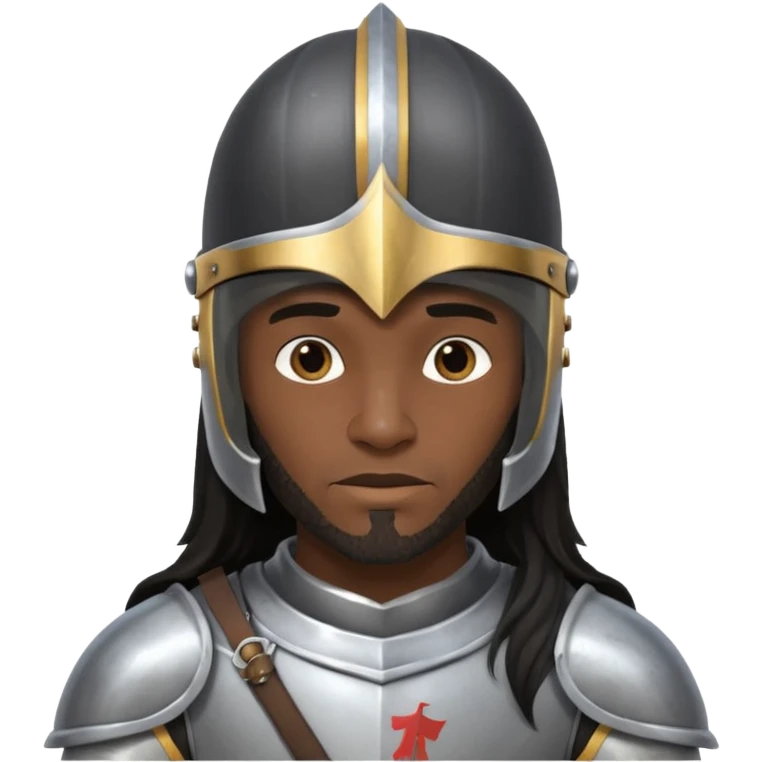 A black male with long black rough hair wearing a knight helmet emoji