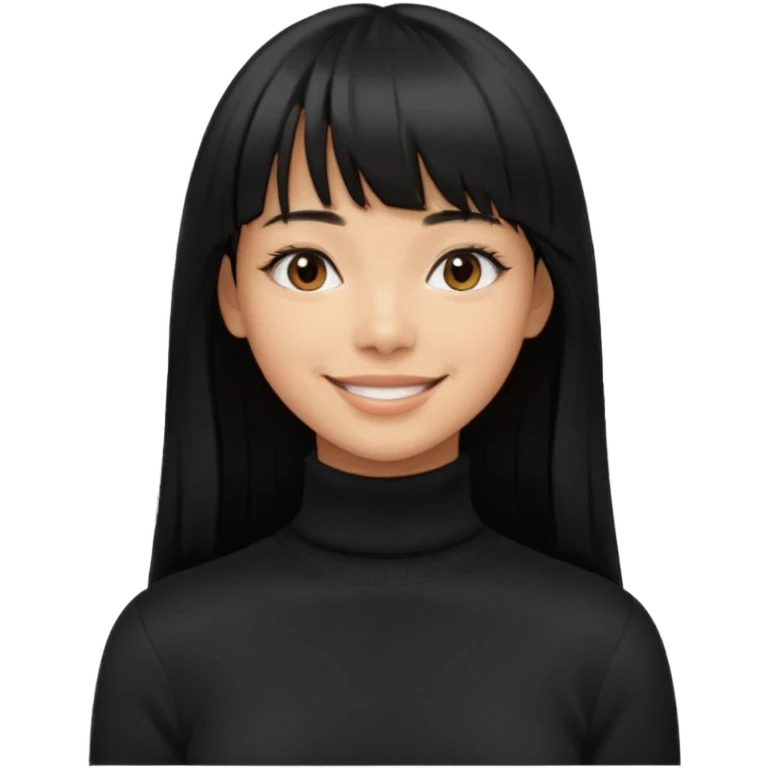 Photograph of a young woman with long, straight black hair and bangs, wearing a black turtleneck sweater. emoji