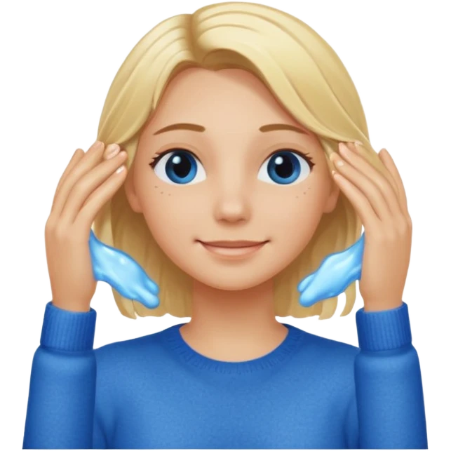 Girl massaging her head with blonde wet hair with anti-dark circles patches in her eyes dressed in a blue sweater with a smile emoji