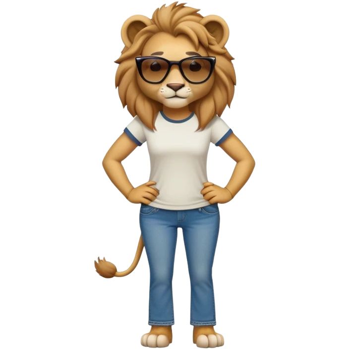 friendly anthropomorphised female lion character, full body, standing confidently with legs apart and hands on hips, wearing jeans, a t-shirt, and dark sunglasses, with a confident smile emoji