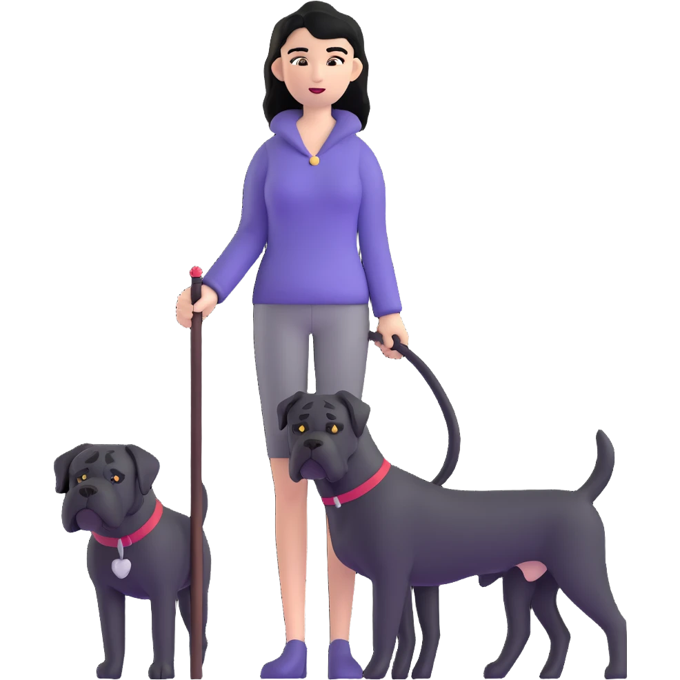 Woman with long black hair holding a black Cane Corso dog with cropped ears and short tail emoji