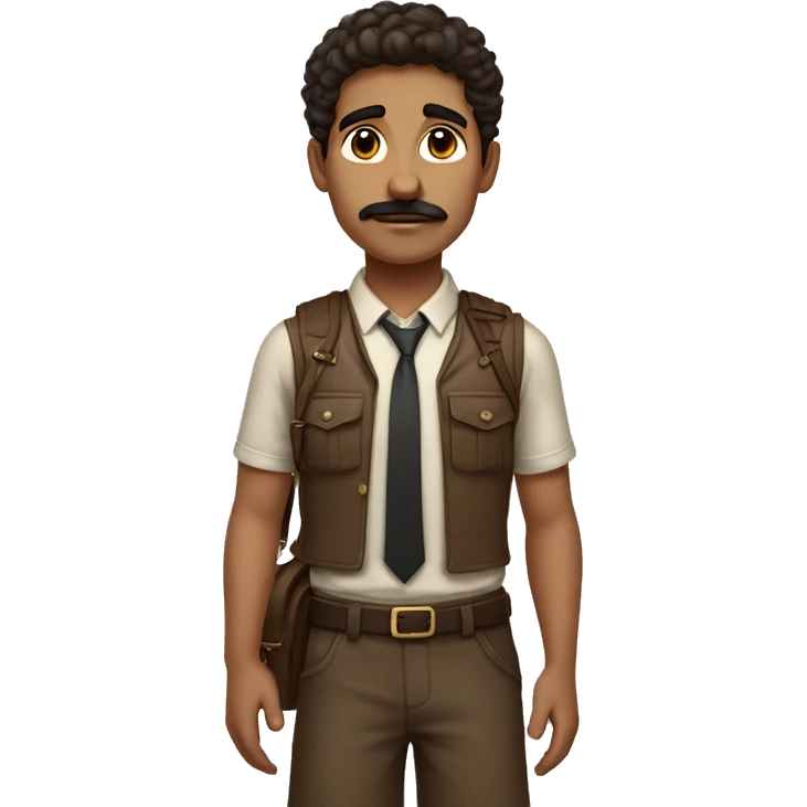 greek boy with dark brown hair and moustache wearing brown outfit with tie and long shorts and cross body bag emoji