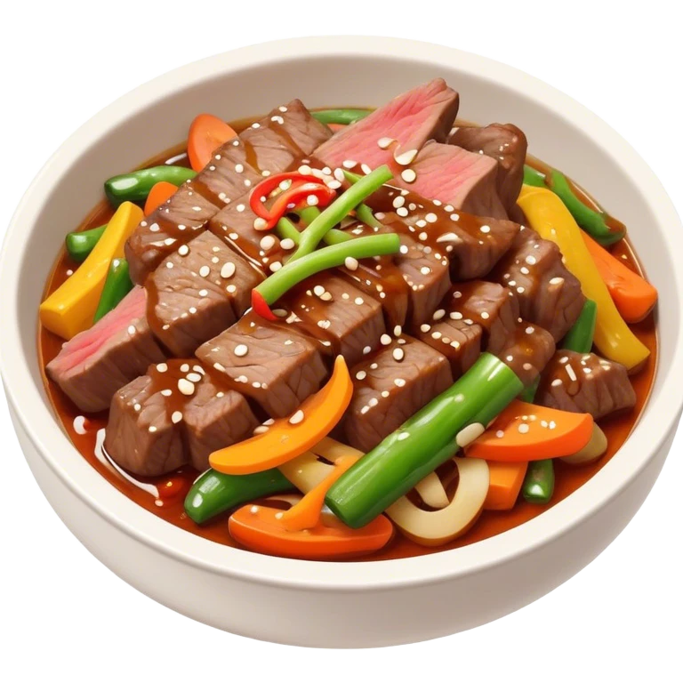 Cinematic Realistic Bulgogi Dish Emoji, featuring tender, marinated beef stir-fried with vegetables rendered with dynamic textures and mouth-watering lighting. emoji