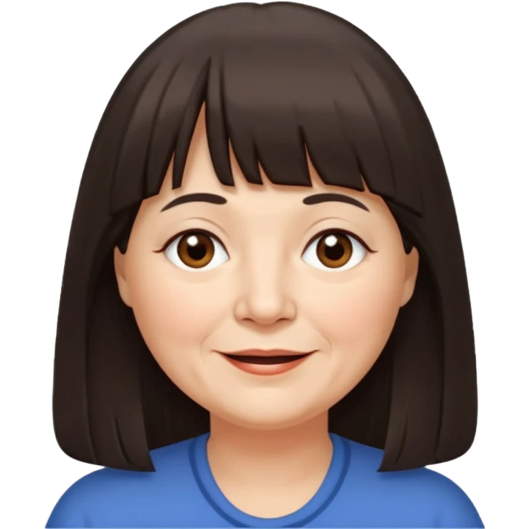 60 yr old woman, long hair down back, very small brown eyes, long hair, straight dark brown hair, bangs, chubby, long face, very tired but happy emoji