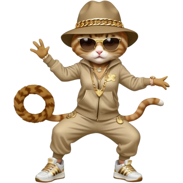 female cat in Run DMC hip-hop outfit with tracksuit, fedora, Adidas sneakers, dark sunglasses, many gold chains and bling accessories, doing a windmill break dance move emoji