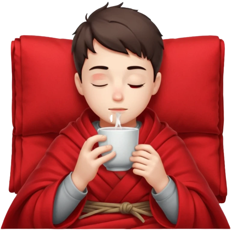 A European boy is sitting wrapped in a red blanket, drinking tea with his eyes closed. emoji