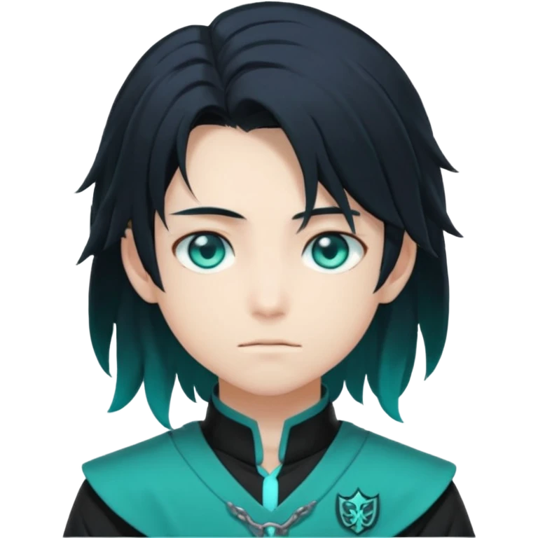 Tokito Muichiro emoji style — calm boy with long black hair fading mint green, turquoise eyes, pale skin, dreamy face, wearing dark Demon Slayer uniform, black + teal tone, anime cute clean style. emoji