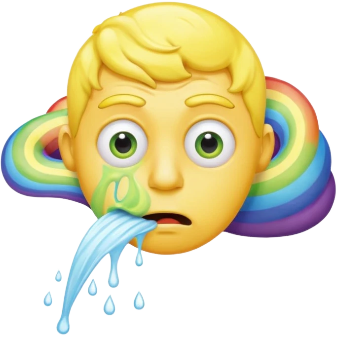 Yellow man vomiting rainbow with swirly eyes emoji