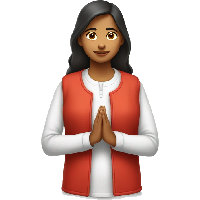 A teenage girl wearing plain white kurty with no designs . She is also wearing red modi jacket. She is joining her hands and praying  emoji