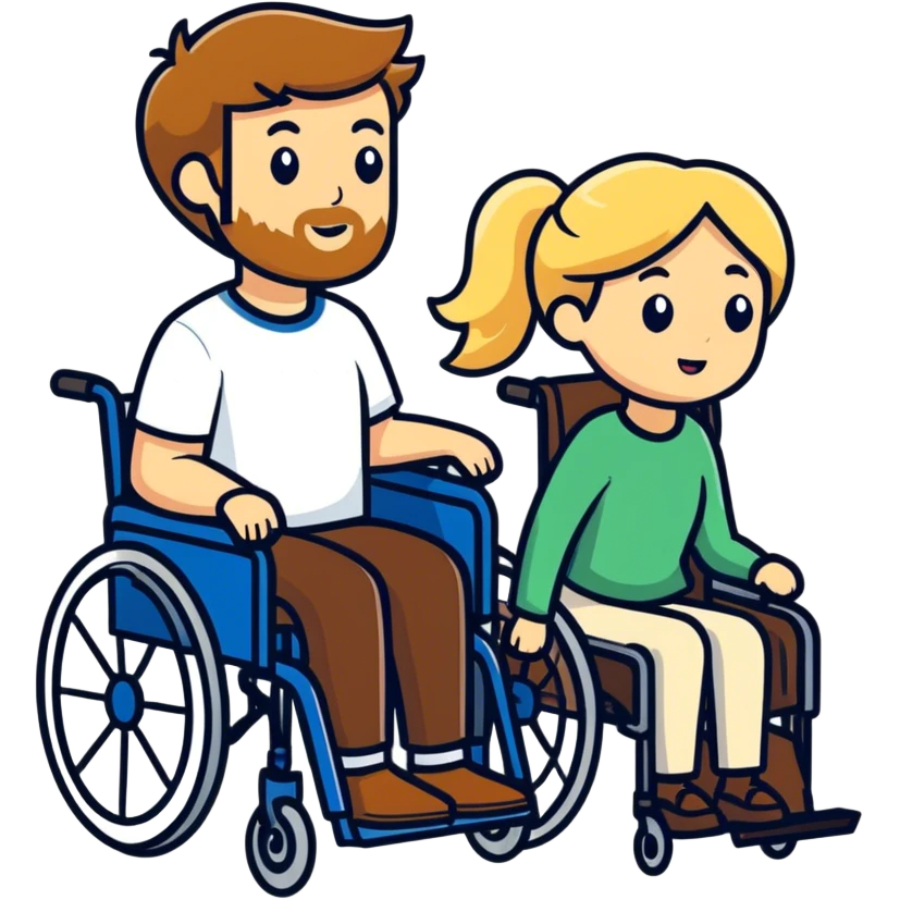 Brown haired man in a wheel chair with a beard with blonde haired mom pushing emoji