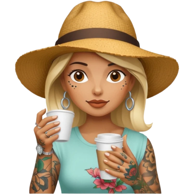 Tattooed lady in sunhat holding coffee cup emoji