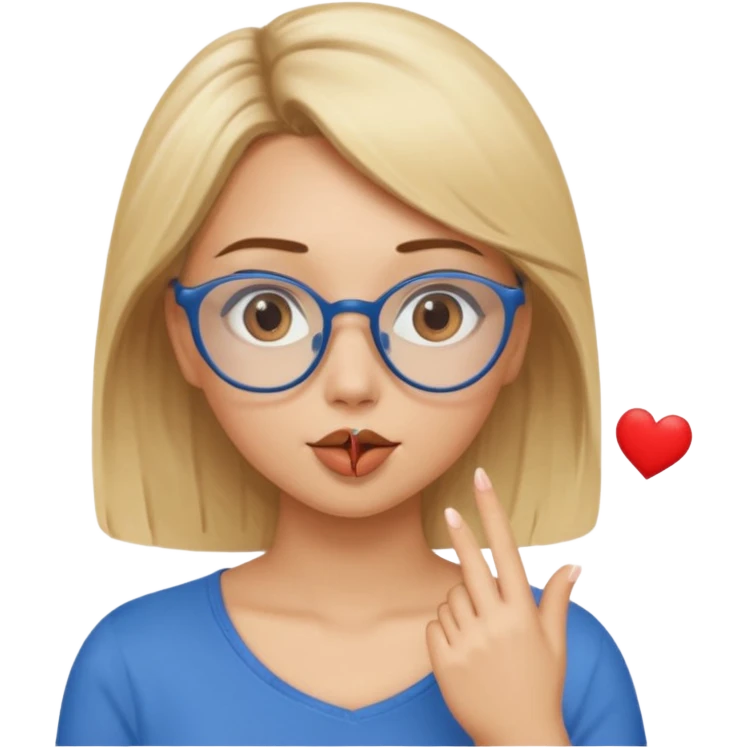 Asthectic Blonde women
brown eyes, blue glasses, 
brown top
blowing a kiss with a small heart around her. emoji