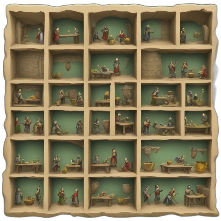inside of a medieval mint showing different people working inside emoji