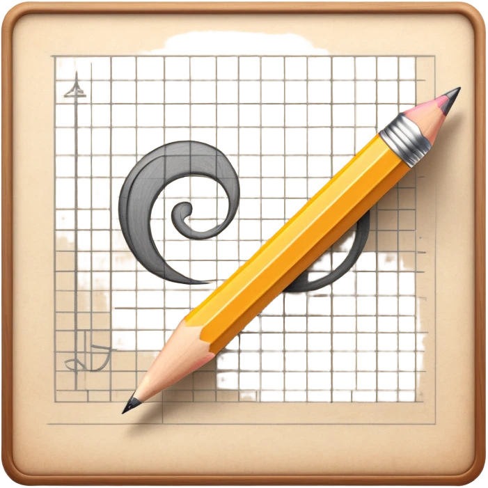 A pencil is placed over a sheet of paper grid, representing the sketching phase of a logo emoji