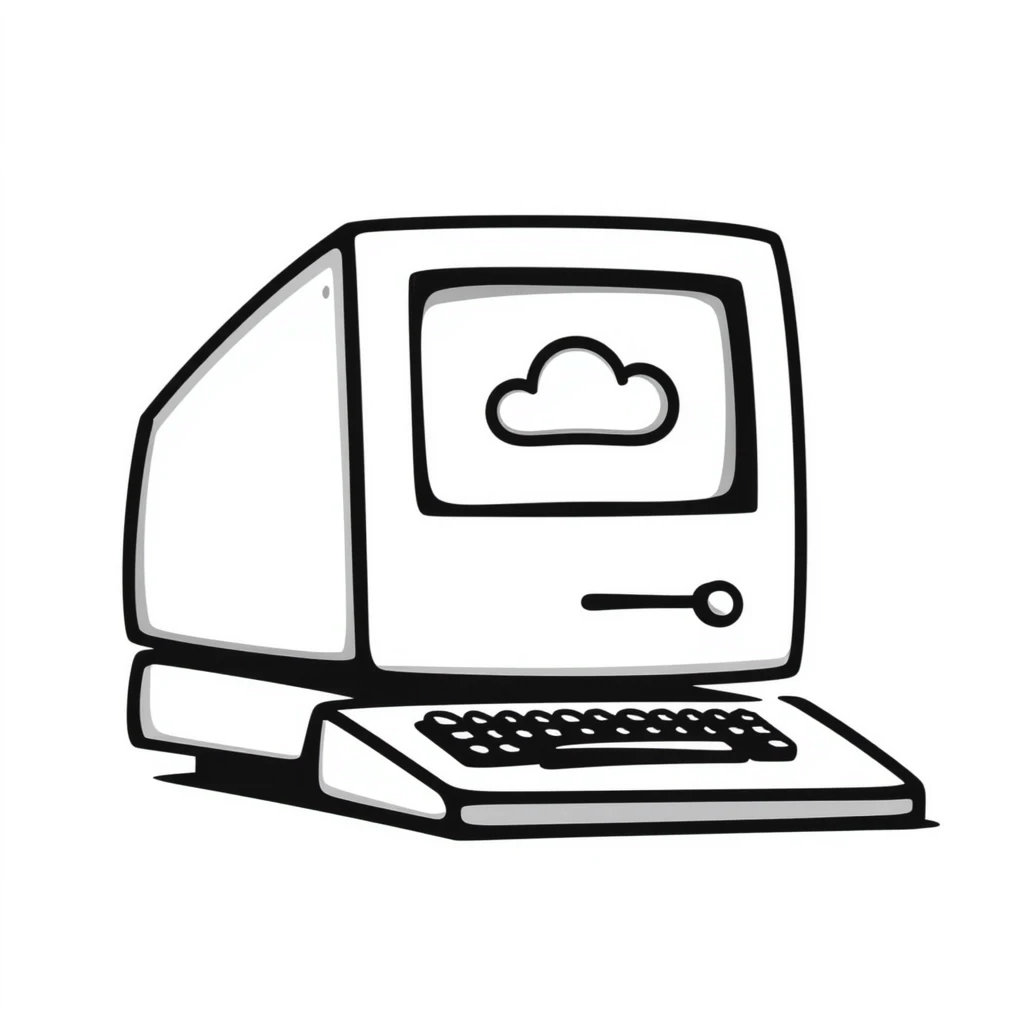 Pixel art style old Macintosh computer, simple monochrome linework emoji