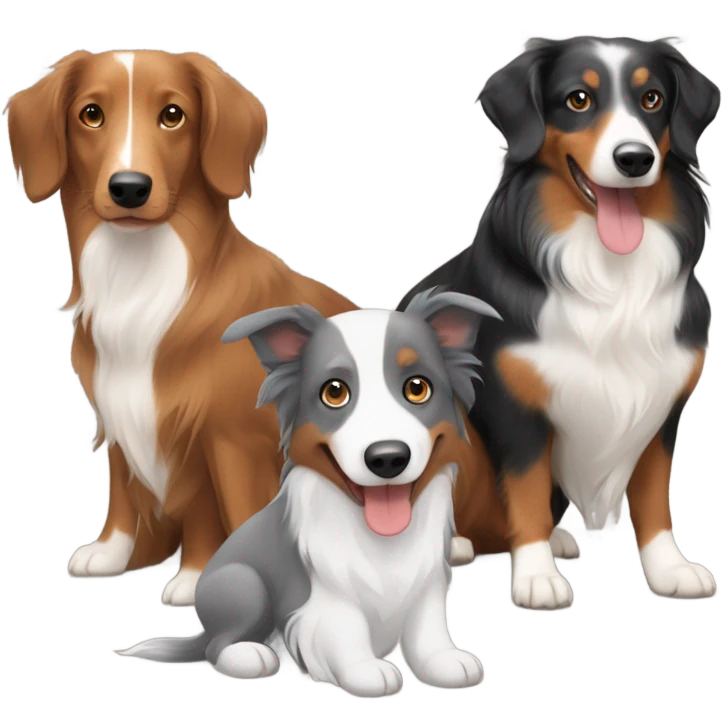 Grey and white border collie with a black and tan short haired dachshund and a brown long haired dachshund  emoji