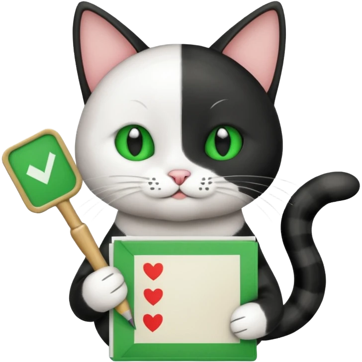 A black and white Cat holding a list with a green check mark symbolizing a task is done. emoji