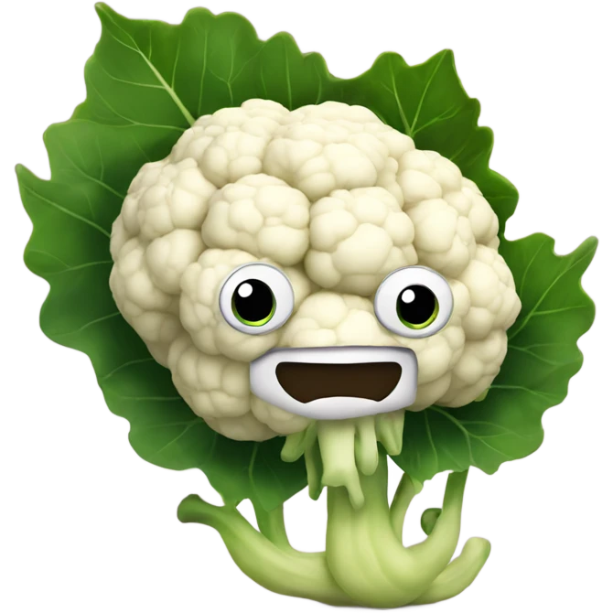 Cauliflower with cute big eyes holding a mirror, surrounded by leaves. emoji