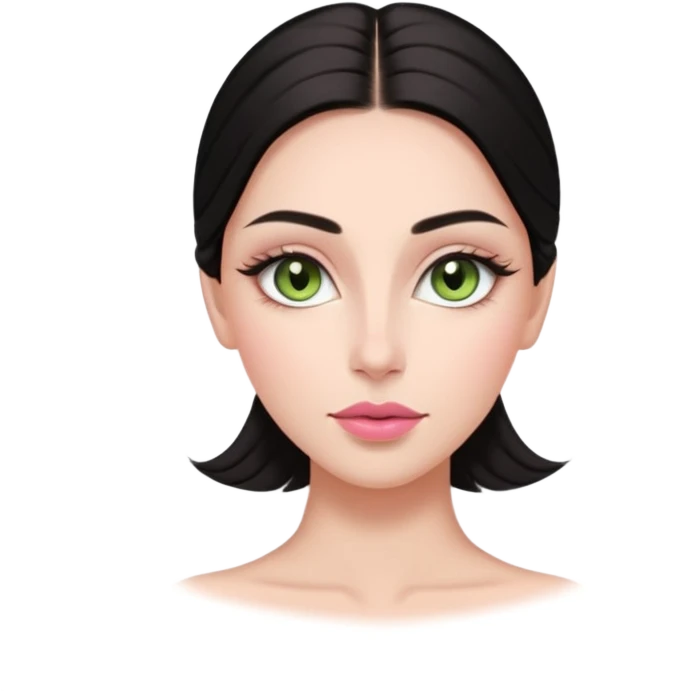 Front-facing portrait of a young woman with fair glowing skin, symmetrical features, light green almond-shaped eyes, long lashes, soft arched brows, straight refined nose, and full natural pink lips. Dark sleek hair pulled back with a middle part.  emoji