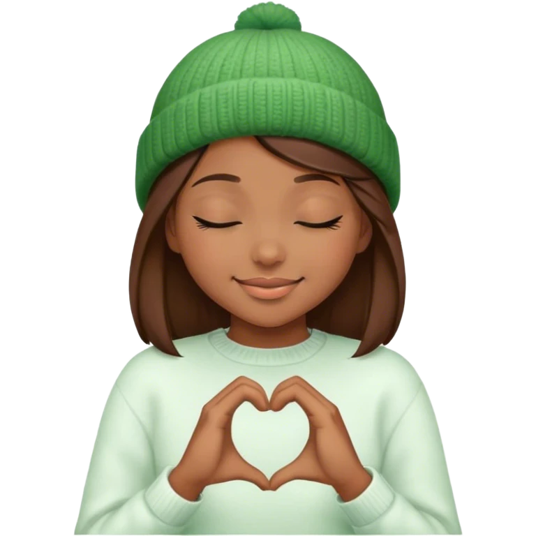 brown hair girl closed eyes stylish in a green beanie hat in white sweater smiling making heart from her hands  emoji